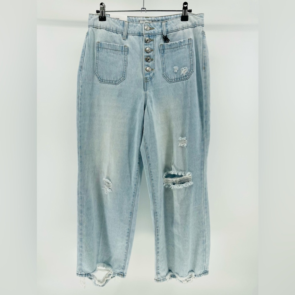 High-Rise Wide Leg Light Wash Jeans, Button Fly, Distressed, NWT, Size 28